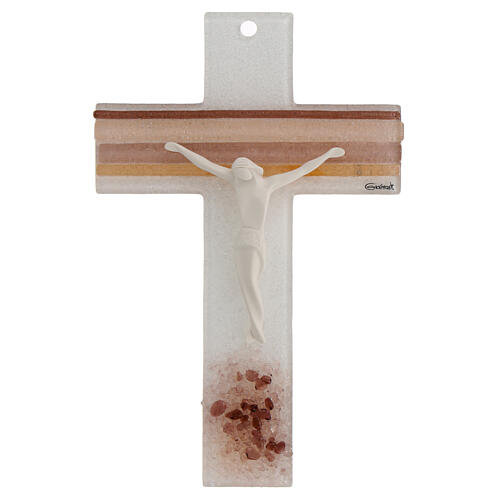 Cruz vidro Murano cor-de-rosa branco corpo resina 21x14 cm 1