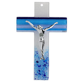 Glass cross with blue shades, silvery body of Christ, 10x7 in