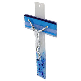 Glass cross with blue shades, silvery body of Christ, 10x7 in