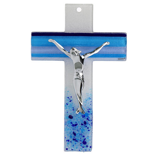 Glass cross with blue shades, silvery body of Christ, 10x7 in 1