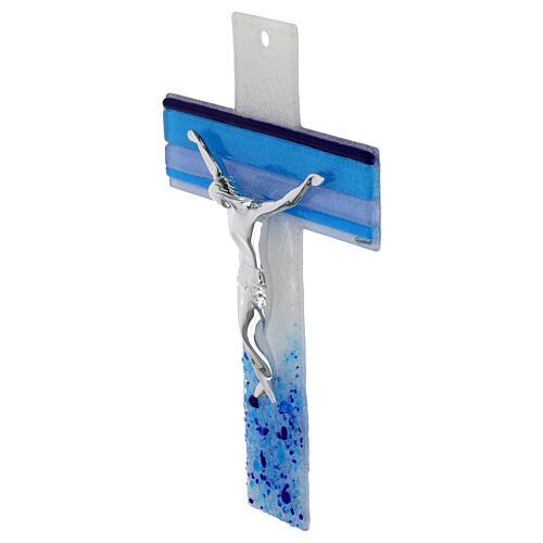 Glass cross with blue shades, silvery body of Christ, 10x7 in 2