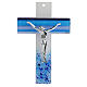 Glass cross with blue shades, silvery body of Christ, 10x7 in s1