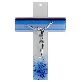 Glass crucifix with blue stripes, metallic body, 13x8 in