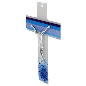 Glass crucifix with blue stripes, metallic body, 13x8 in