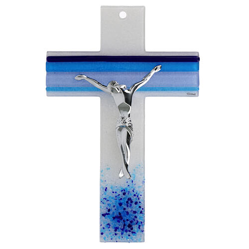 Glass crucifix with blue stripes, metallic body, 13x8 in 1