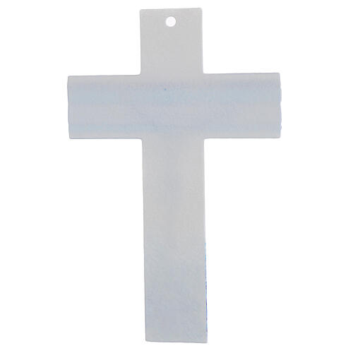 Glass crucifix with blue stripes, metallic body, 13x8 in 3