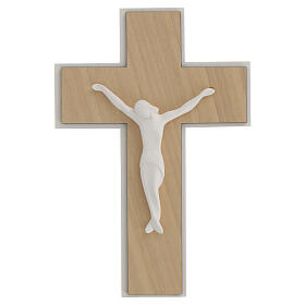 Light wood cross with modern white resin body of Christ, 10 in