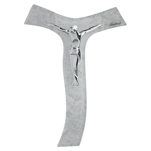 Krzyż Tau wiszący, szkło i brokat srebrny, ciało posrebrzane, 16x12 cm 1