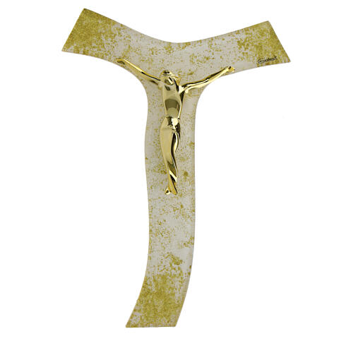 Gold glitter cross Tau Murano glass stylized body 21x15 cm 1