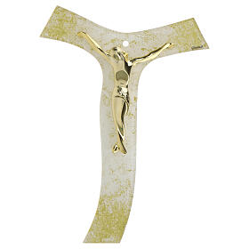Tau cross with golden Christ, white glittery glass, 10x7 in