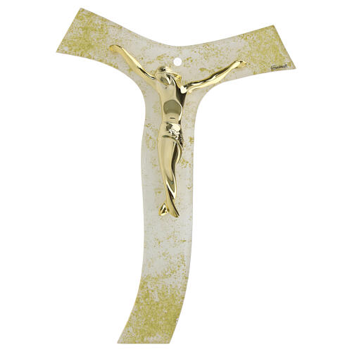 Tau cross with golden Christ, white glittery glass, 10x7 in 1