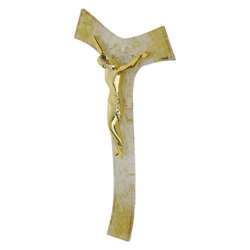 Tau cross with golden Christ, white glittery glass, 10x7 in 2