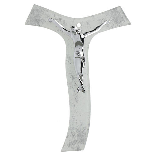 Tau cross with polished silver body of Christ, glass with glitter, 10x7 in 1