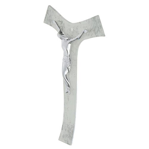 Tau cross with polished silver body of Christ, glass with glitter, 10x7 in 2