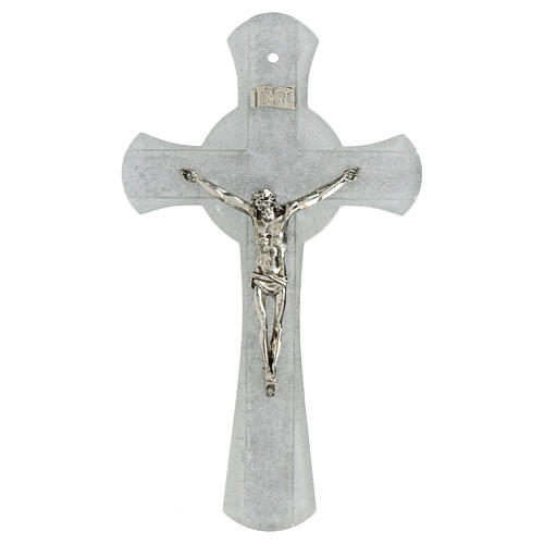White and silver cross with central cicrcle, Murano glass and metal, 8x5 in 1