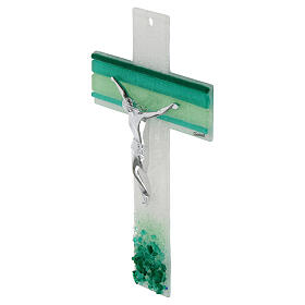 Glass cross with green shades, stylised silver body, 8x5 in