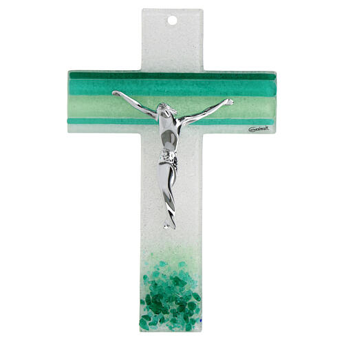 Cruz vidrio matices verdes cuerpo estilizado plata 21x13 cm 1