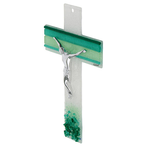 Cruz vidrio matices verdes cuerpo estilizado plata 21x13 cm 2