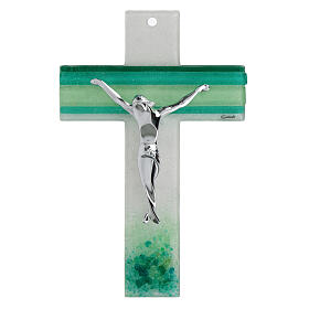 Cross with green stripes, Murano glass, silvery body of Christ, 10x7 in