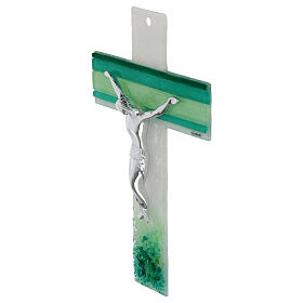 Cross with green stripes, Murano glass, silvery body of Christ, 10x7 in