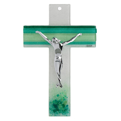 Cross with green stripes, Murano glass, silvery body of Christ, 10x7 in 1