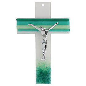 Cross of white and green Murano glass, silvery body of Christ, 13x9 in