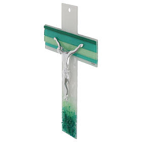 Cross of white and green Murano glass, silvery body of Christ, 13x9 in