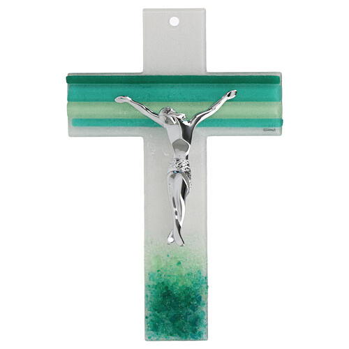 Cross of white and green Murano glass, silvery body of Christ, 13x9 in 1