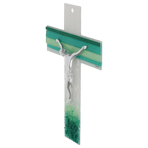 Cross of white and green Murano glass, silvery body of Christ, 13x9 in 2