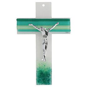 Cruz vidrio blanco líneas verdes Murano moderna cuerpo plateado 34x22 cm