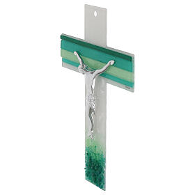 Cruz vidro branco linhas verdes Murano moderna corpo prateado 34x22 cm