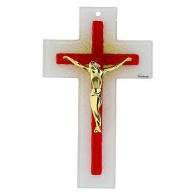 White and red glass cross with modern body of Christ, 8x5 in