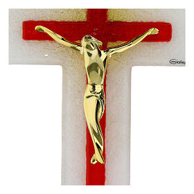 White and red glass cross with modern body of Christ, 8x5 in