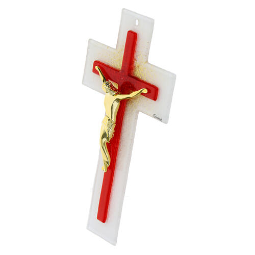 White and red glass cross with modern body of Christ, 8x5 in 3