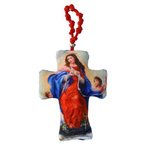 Rosenkranz mit Maria Knotenlöserin in Kreuz aus Stoff 10x5 cm 1