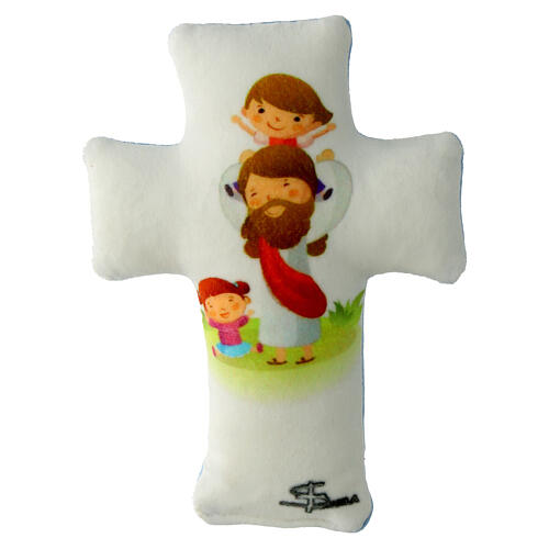 Gesù con bimbi 14x10 cm croce tessuto 1