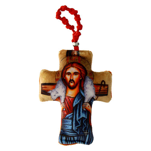 Croix en tissu Jésus Bon Pasteur dizainier 10x5 cm 1