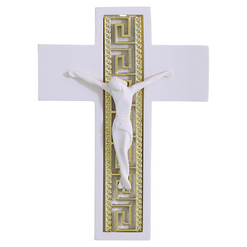 Wandkruzifix, weiß mit goldfarbenem griechischem Dekor, stilisierter Corpus Christi, 14 × 10 cm 1