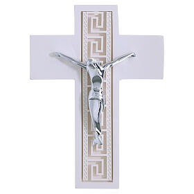 Cruz blanca motivo griego cuerpo estilizado plata 14x10 cm