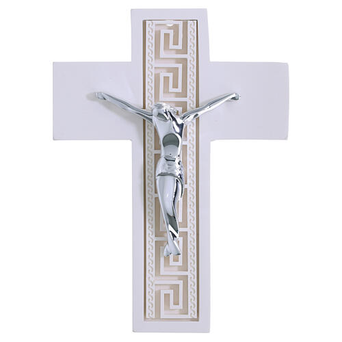 White Cross with Greek Decoration Stylized Silver Body, 14x10 cm 1
