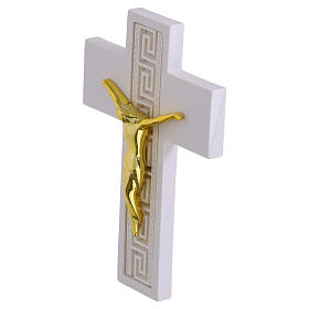 Cruz blanca decoración griega cuerpo estilizado dorado 14x10 cm