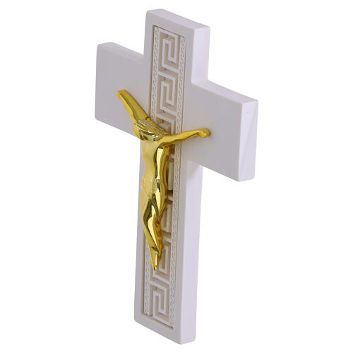 Cruz blanca decoración griega cuerpo estilizado dorado 14x10 cm 2