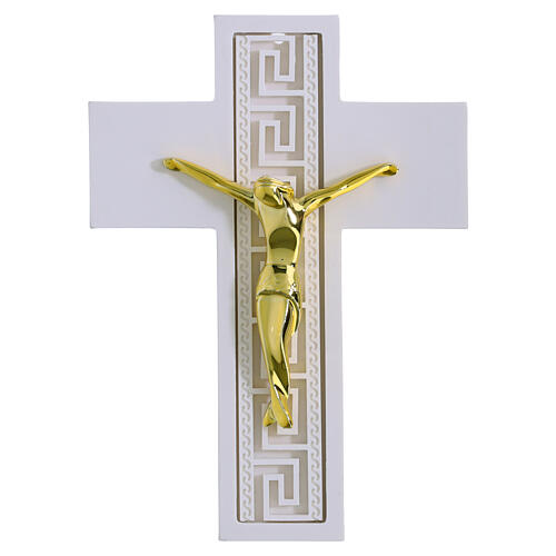 Cruz branca com decoração grega e corpo estilizado dourado 14x10 cm 1
