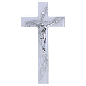Cruz ola de vidrio blanco purpurina y cuerpo estilizado plata 16x8 cm