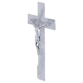 Cruz ola de vidrio blanco purpurina y cuerpo estilizado plata 16x8 cm