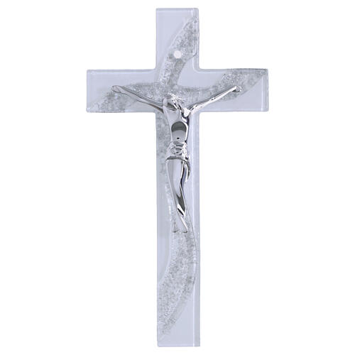 Cruz ola de vidrio blanco purpurina y cuerpo estilizado plata 16x8 cm 1