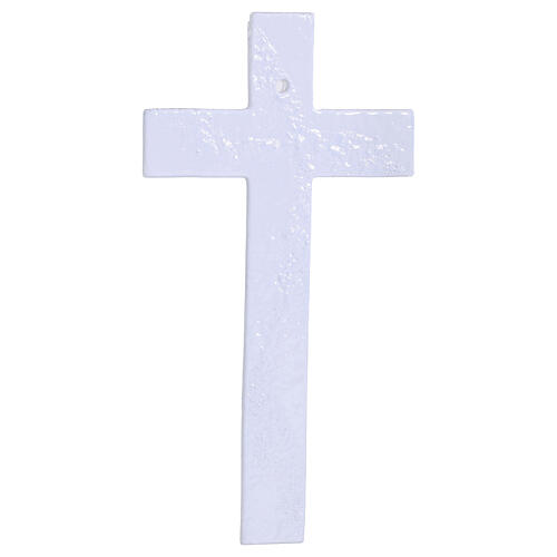Cruz ola de vidrio blanco purpurina y cuerpo estilizado plata 16x8 cm 3