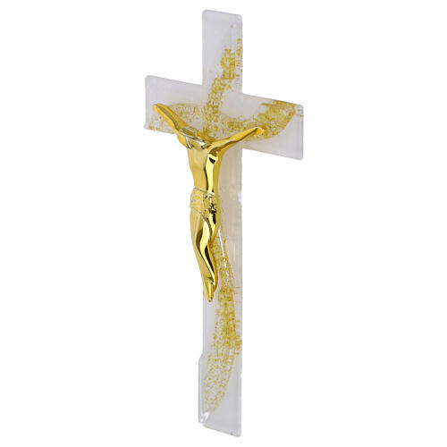 Kruzifix, weißes Glas mit Dekor in Wellenform und Goldglitter, stilisierter Korpus goldfarben – 16 × 8 cm 2