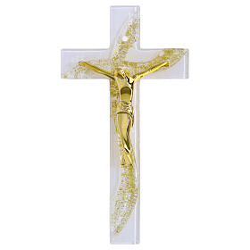 Cruz ondulada de vidrio blanco purpurina y cuerpo estilizado oro 16x8 cm