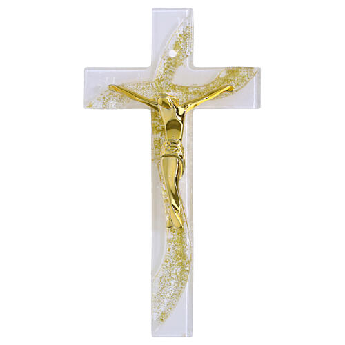 Cruz ondulada em vidro branco com brilho dourado e corpo estilizado em ouro 16x8 cm 1